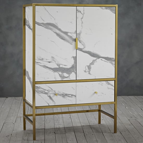 Read more about Monaca wooden drinks cabinet in white marble effect