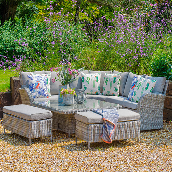 Read more about Meltan large dining set in with adjustable table in pebble grey