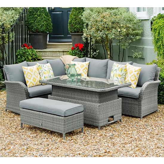 Meltan Outdoor Dining Set With Adjustable Table In Pebble Grey