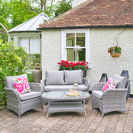 Product photograph of Meltan Outdoor Lounge Set With Coffee Table In Pebble Grey from Furniture in Fashion