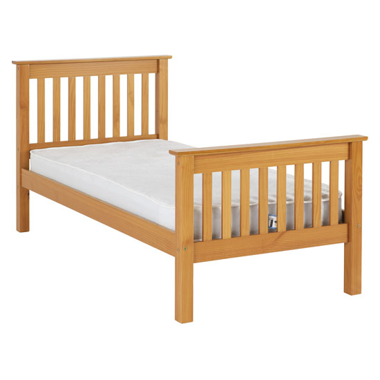 Read more about Merlin wooden high foot end single bed in antique pine