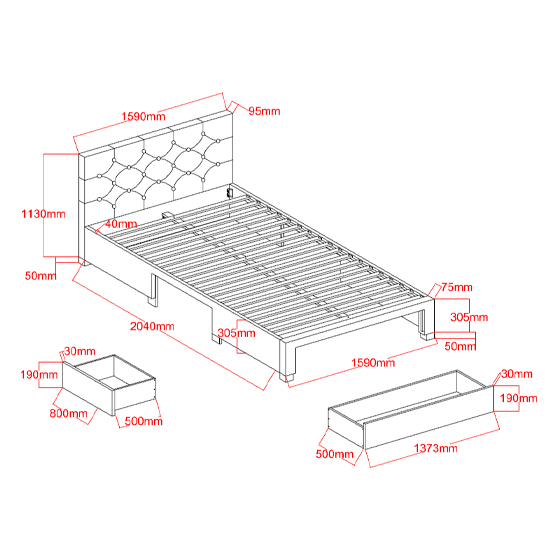 Monet Fabric King Size Bed With Drawers In Dark Grey