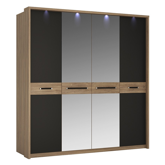 Moneti LED Mirrored 4 Doors Wardrobe In Oak And Matt Black_1
