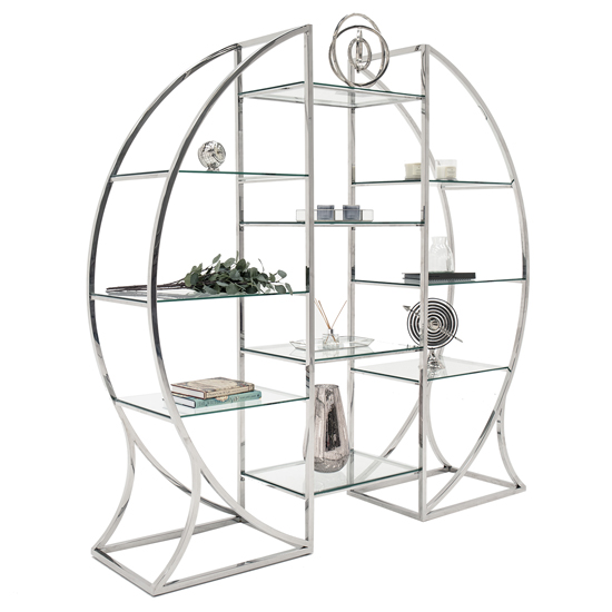 Photo of Monika clear glass shelving unit with metal frame in silver