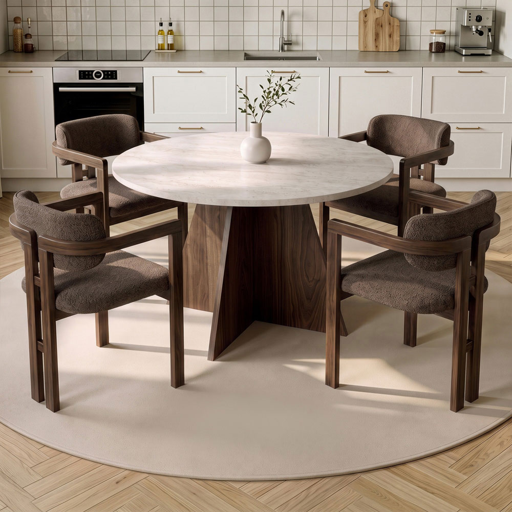 Monroe Travertine Marble Effect Wooden Dining Table with 4 Fabric Brown Chairs in Walnut