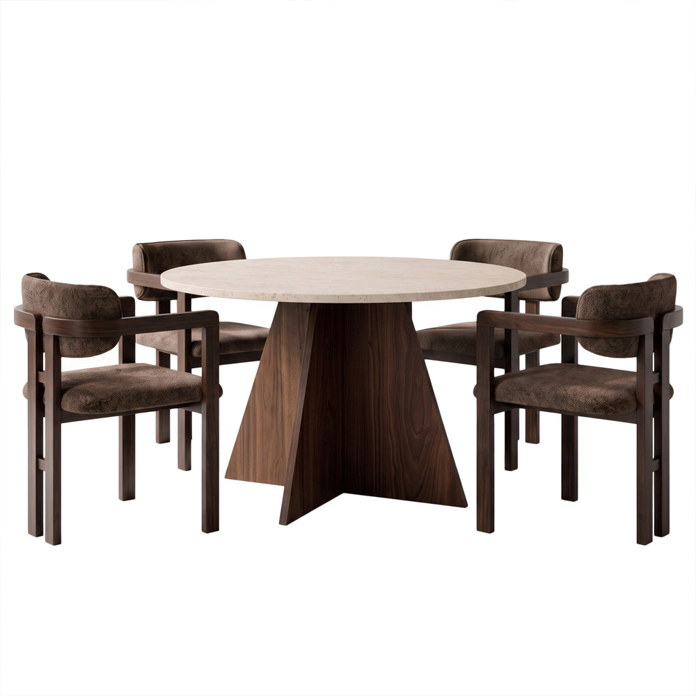 Monroe Travertine Marble Effect Wooden Dining Table with 4 Fabric Brown Chairs in Walnut