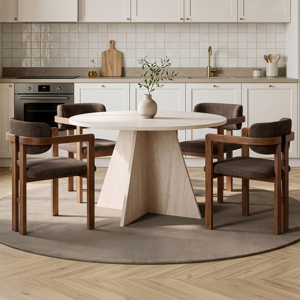 Monroe Travertine Marble Effect Wooden Dining Table with 4 Fabric Brown and Walnut Chairs