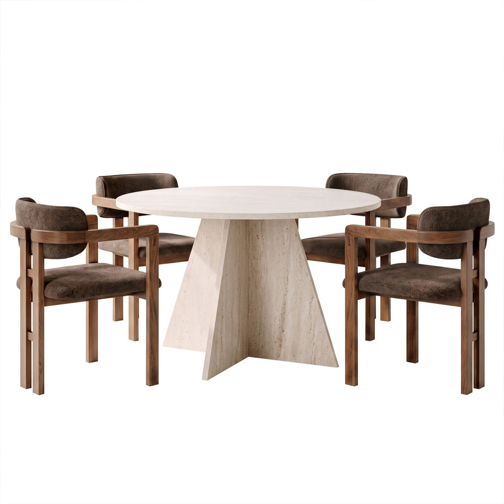 Monroe Travertine Marble Effect Wooden Dining Table with 4 Fabric Brown and Walnut Chairs