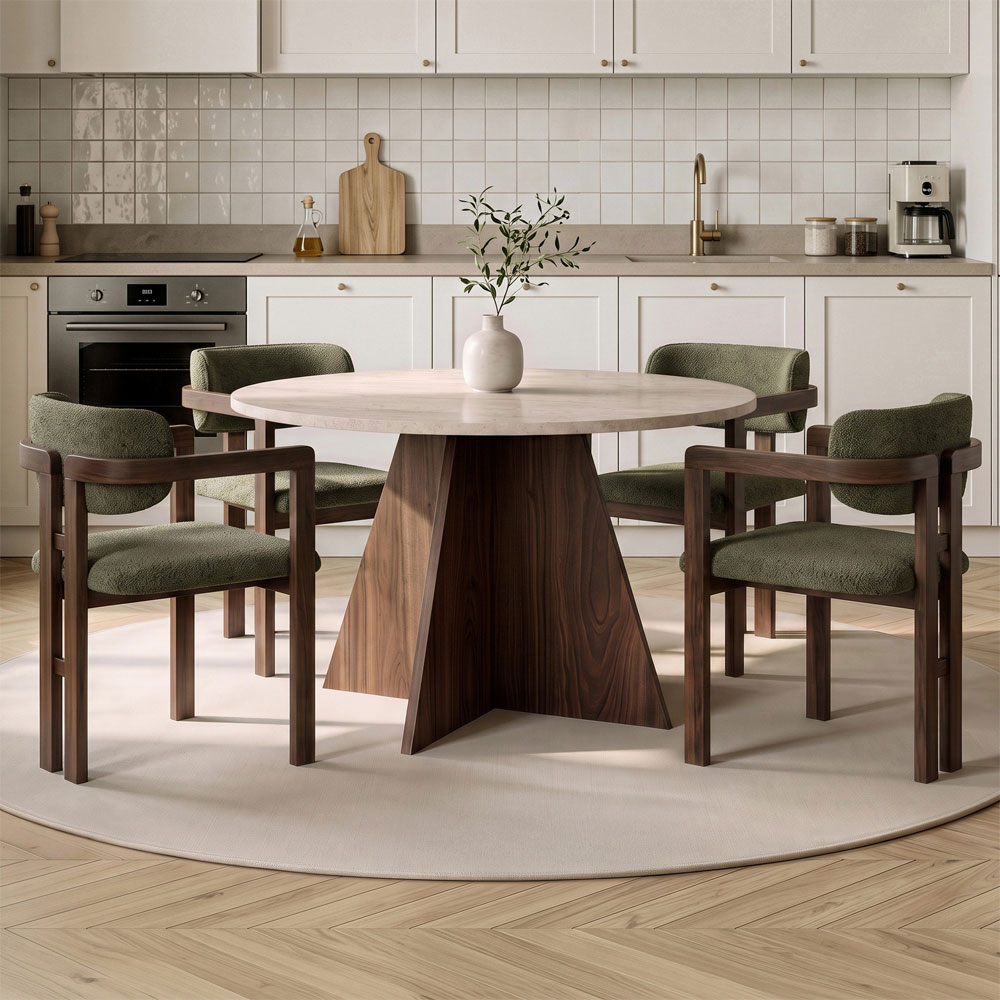 Monroe Travertine Marble Effect Wooden Dining Table with 4 Fabric Green Chairs in Walnut