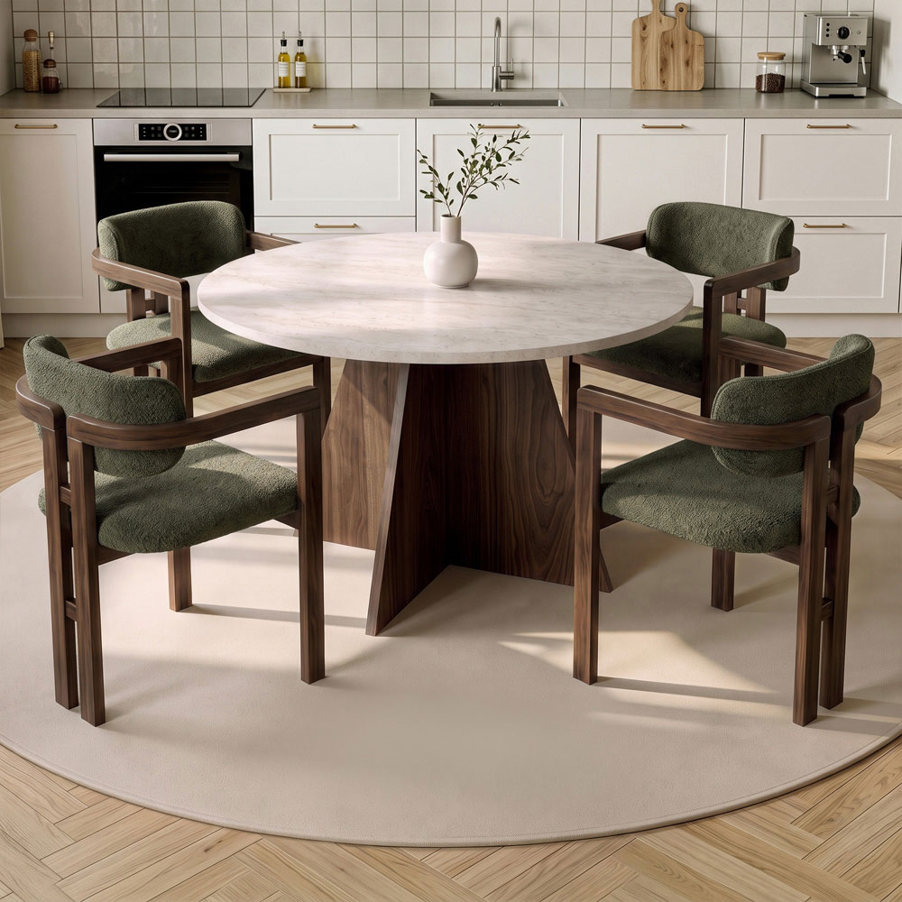 Monroe Travertine Marble Effect Wooden Dining Table with 4 Fabric Green Chairs in Walnut