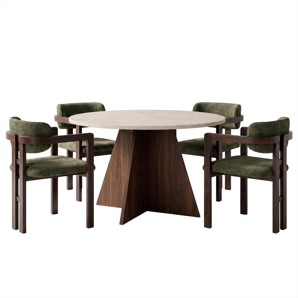 Monroe Travertine Marble Effect Wooden Dining Table with 4 Fabric Green Chairs in Walnut