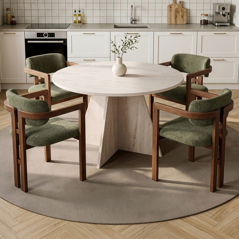 Monroe Travertine Marble Effect Wooden Dining Table with 4 Fabric Green and Walnut Chairs