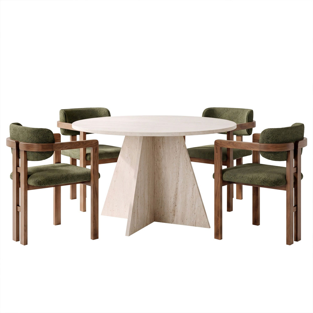 Monroe Travertine Marble Effect Wooden Dining Table with 4 Fabric Green and Walnut Chairs