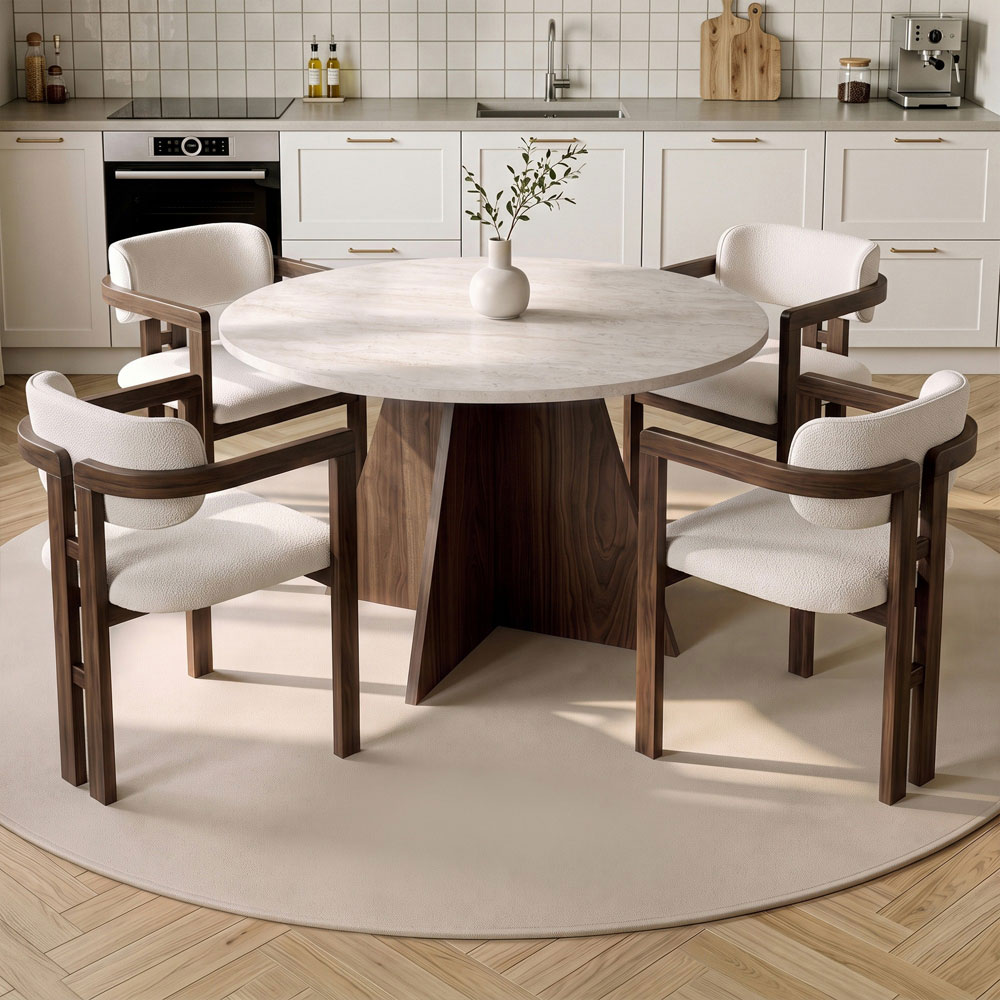 Monroe Travertine Marble Effect Wooden Dining Table with 4 Fabric White Chairs in Walnut