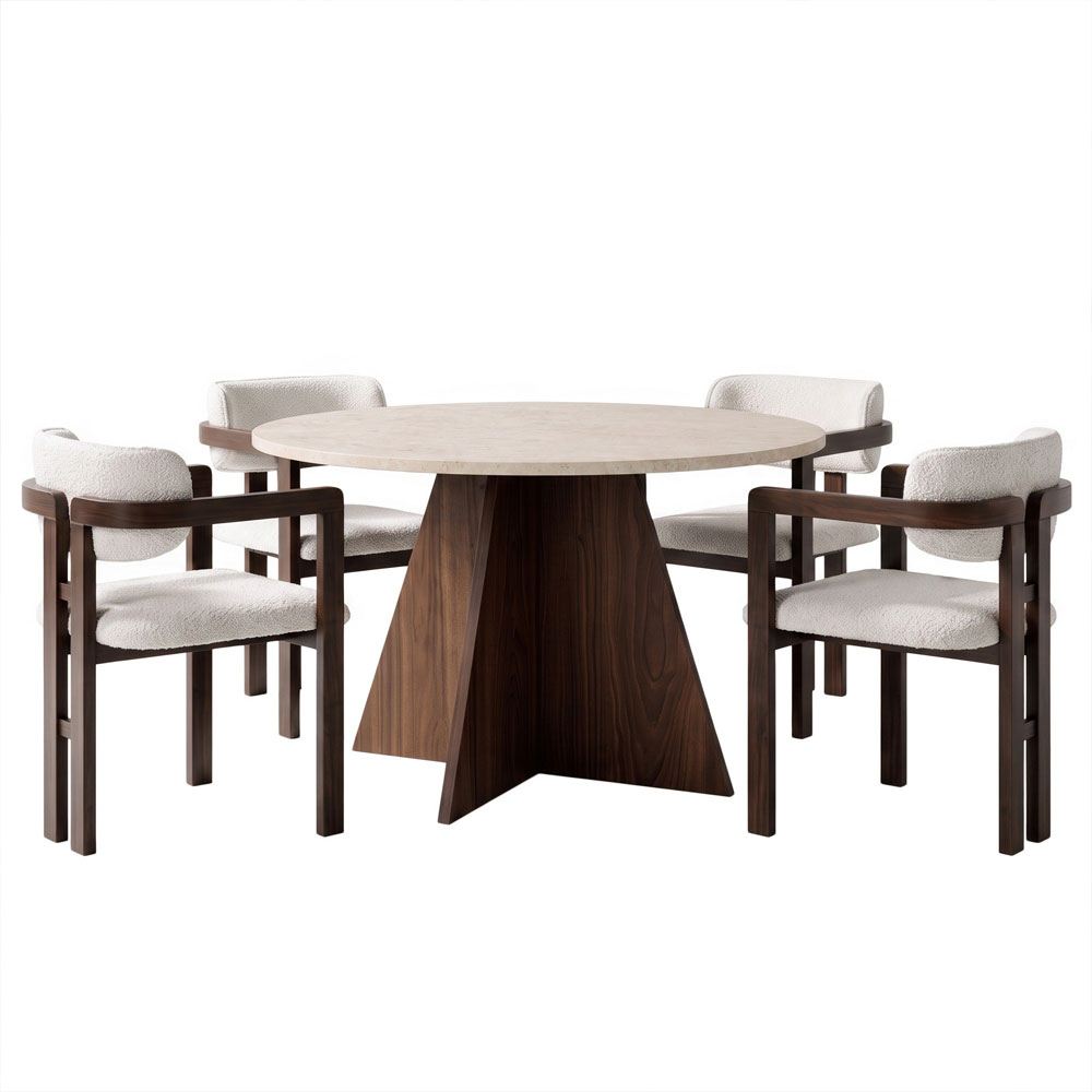 Monroe Travertine Marble Effect Wooden Dining Table with 4 Fabric White Chairs in Walnut