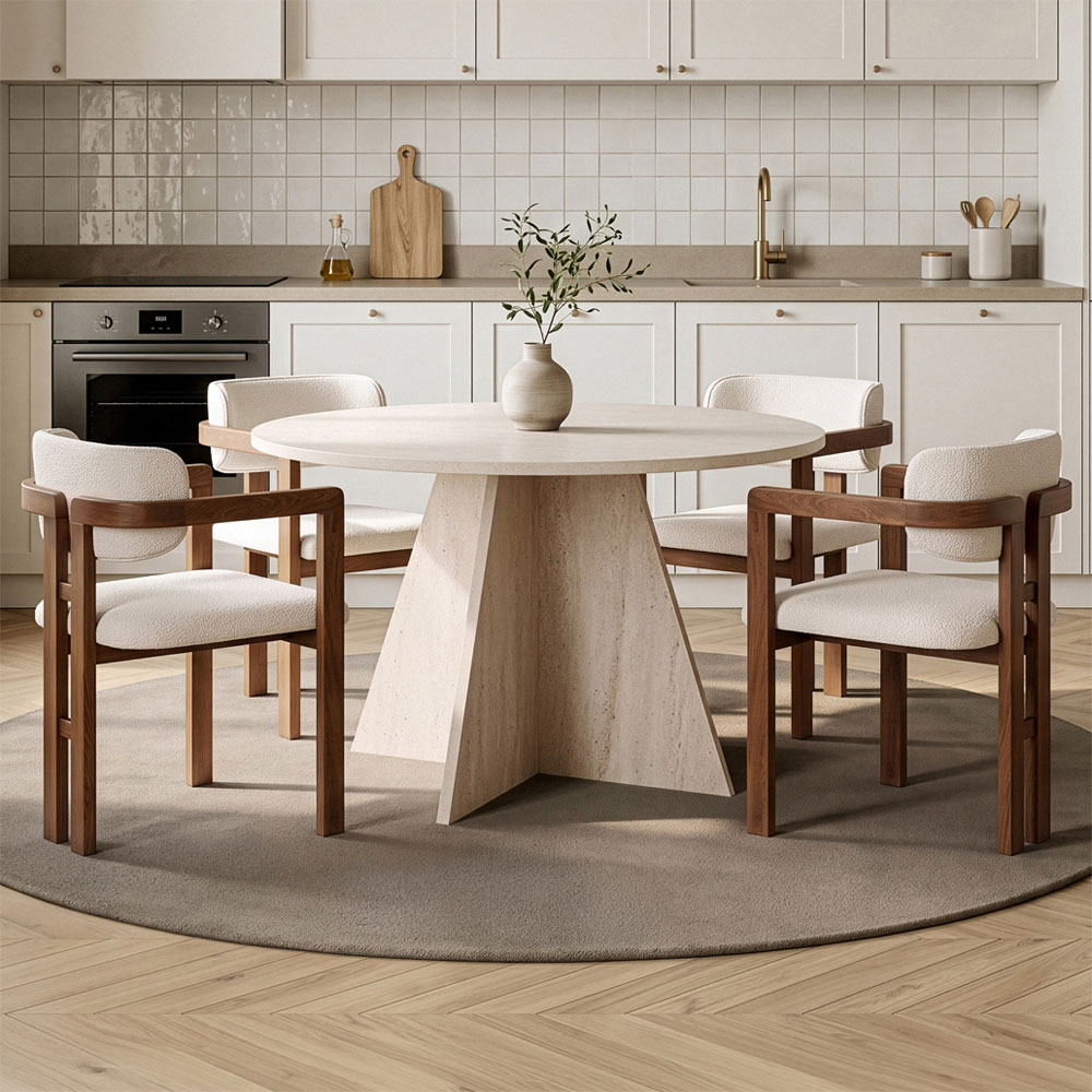 Monroe Travertine Marble Effect Wooden Dining Table with 4 Fabric White and Walnut Chairs