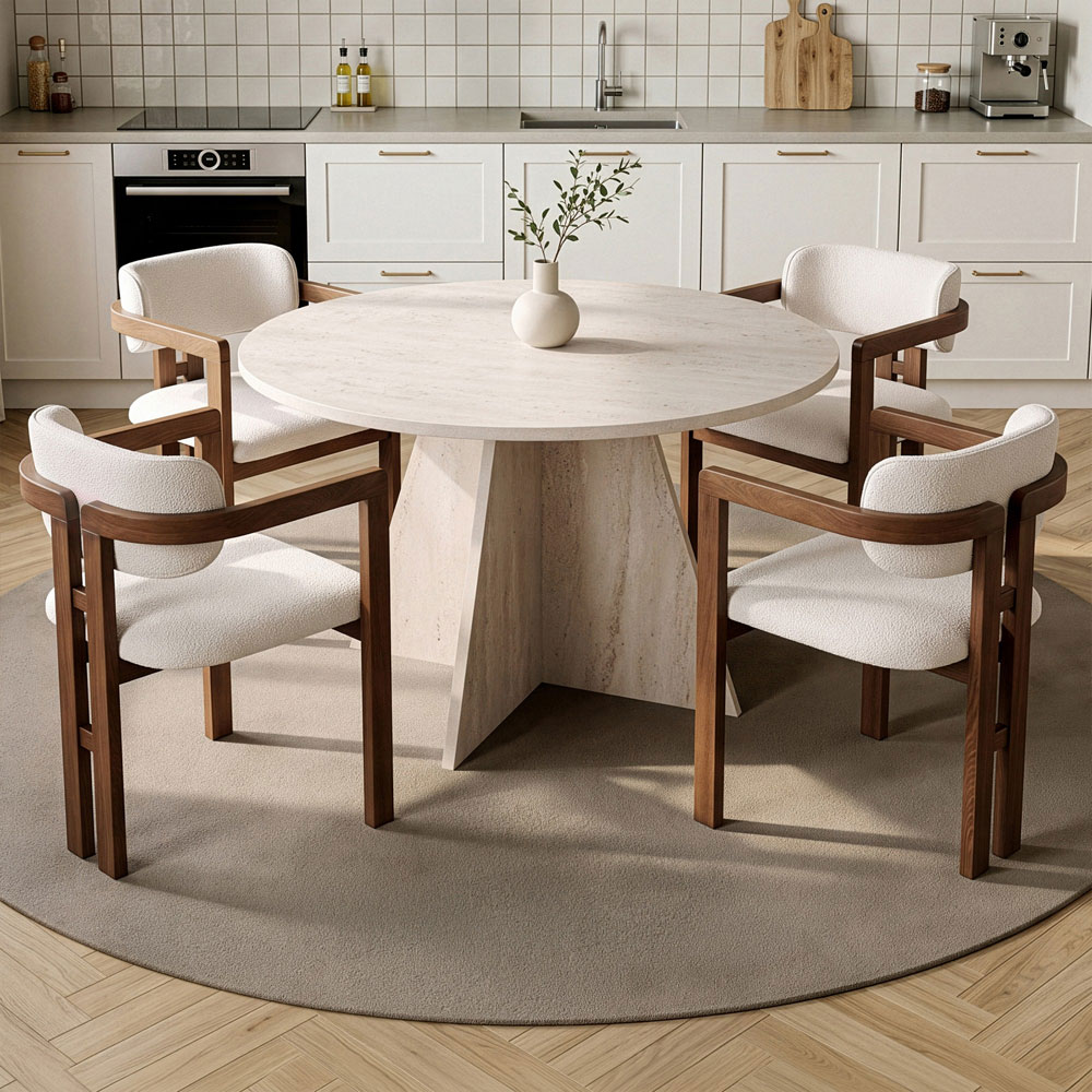 Monroe Travertine Marble Effect Wooden Dining Table with 4 Fabric White and Walnut Chairs