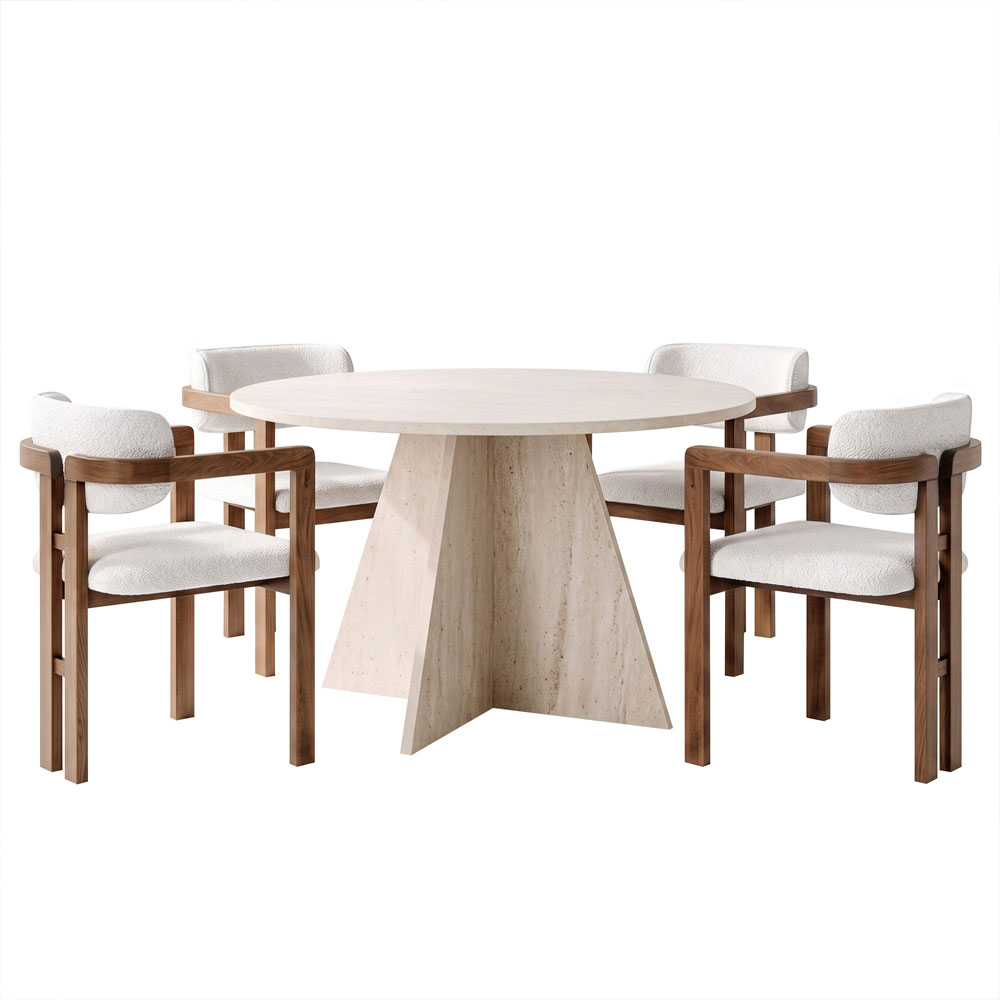 Monroe Travertine Marble Effect Wooden Dining Table with 4 Fabric White and Walnut Chairs