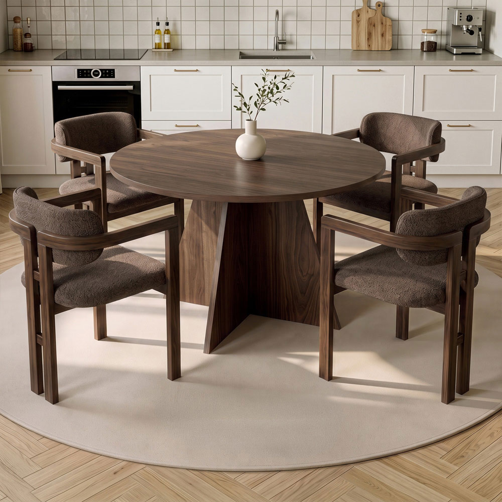 Monroe Walnut Wooden Dining Table with 4 Fabric Brown Chairs