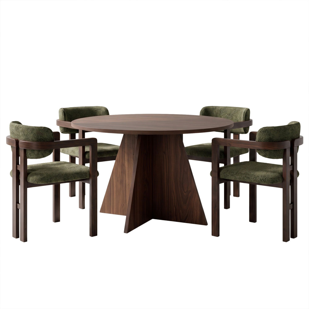 Monroe Walnut Wooden Dining Table with 4 Fabric Green Chairs