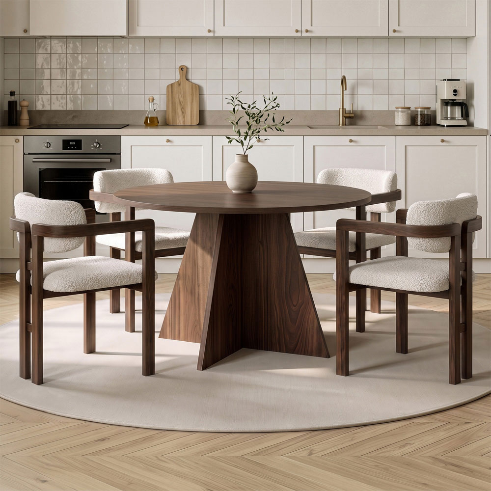 Monroe Walnut Wooden Dining Table with 4 Fabric White Chairs