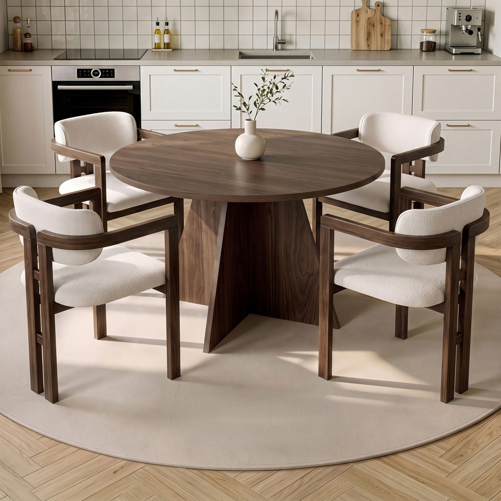 Monroe Walnut Wooden Dining Table with 4 Fabric White Chairs