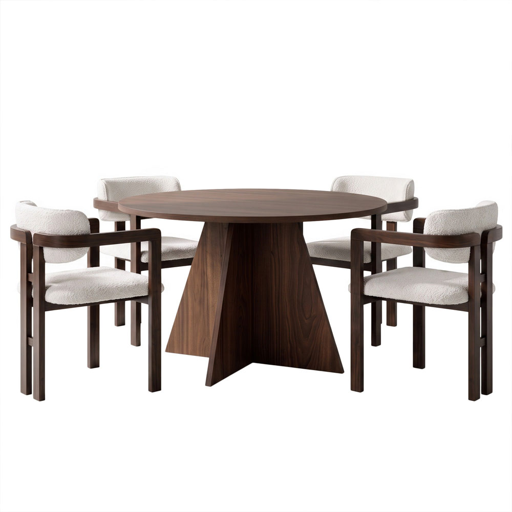Monroe Walnut Wooden Dining Table with 4 Fabric White Chairs