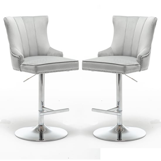 Read more about Monten light grey velvet gas-lift bar chairs in pair