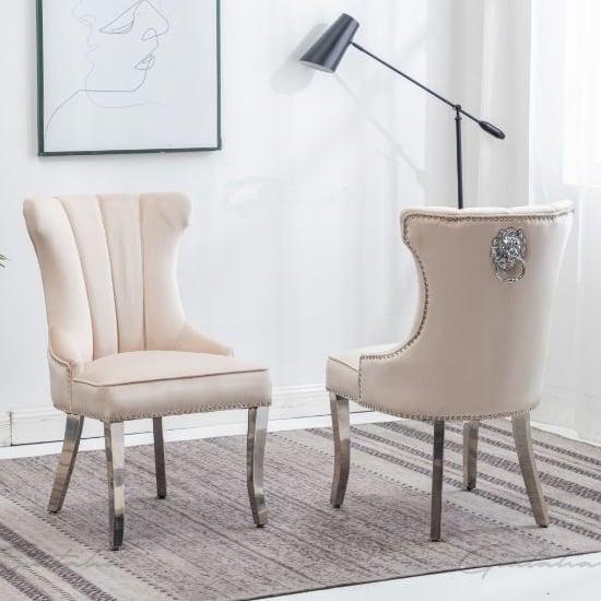 Read more about Monten lion knocker cream velvet dining chairs in pair