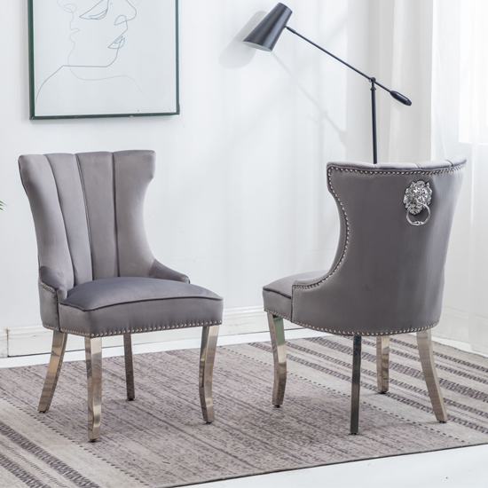 Read more about Monten lion knocker dark grey velvet dining chairs in pair