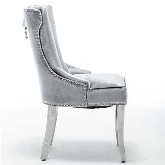 Monten Lion Knocker Shimmer Grey Velvet Dining Chairs In Pair_4
