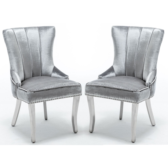 Monten Lion Knocker Shimmer Grey Velvet Dining Chairs In Pair