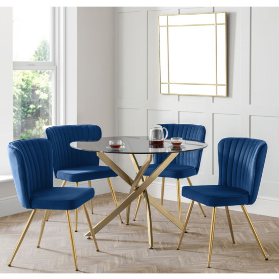 Madelia Clear Glass Dining Table With 4 Caledon Blue Chairs