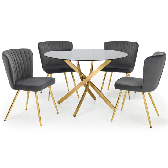 Madelia Clear Glass Dining Table With 4 Caledon Grey Chairs