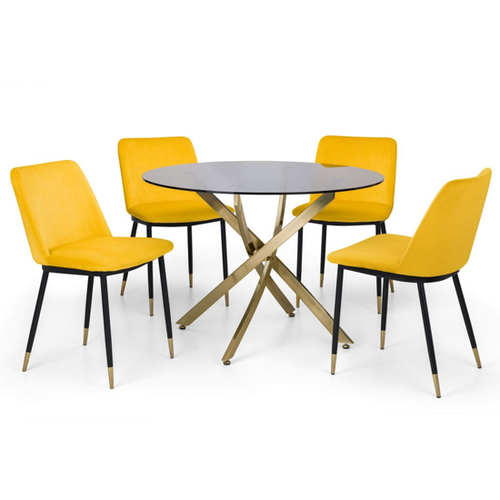 Madelia Glass Dining Table With 4 Daiva Mustard Chairs