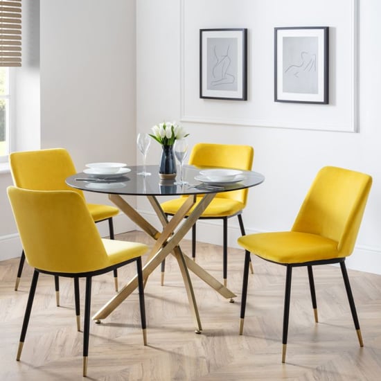 Madelia Glass Dining Table With 4 Daiva Mustard Chairs