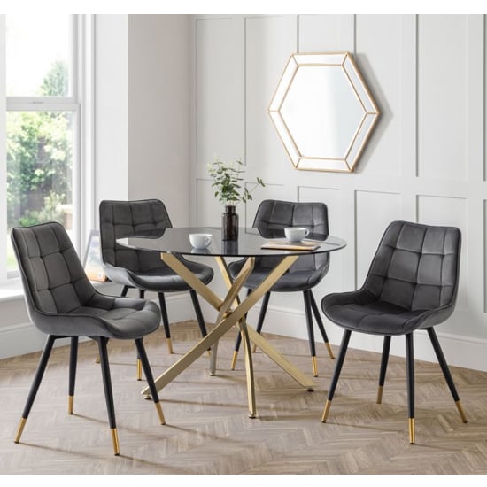 Livington Clear Glass Dining Table With 4 Hadid Grey Chairs