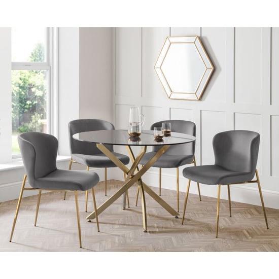 Madelia Clear Glass Dining Table With 4 Haimi Grey Chairs