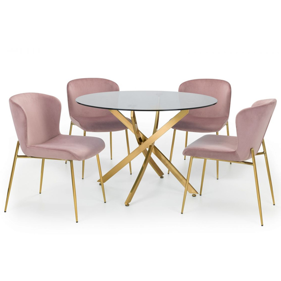Madelia Clear Glass Dining Table With 4 Haimi Pink Chairs