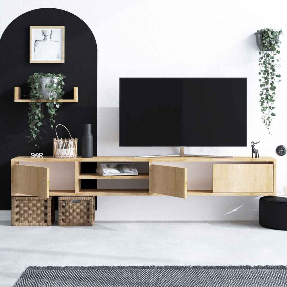 Montero Wooden TV Stand with Wall Shelf in Sapphire Oak