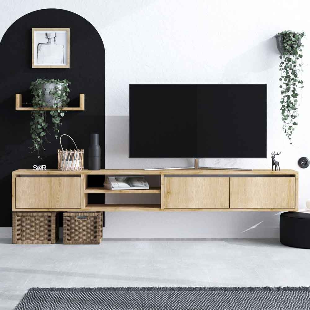 Montero Wooden TV Stand with Wall Shelf in Sapphire Oak