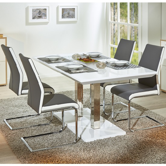 Edmonton Extendable Dining Table White Gloss 4 Marine Grey Chairs | Furniture in Fashion