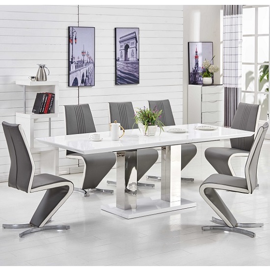 Photo of Monton small extending white dining table 6 gia grey chairs