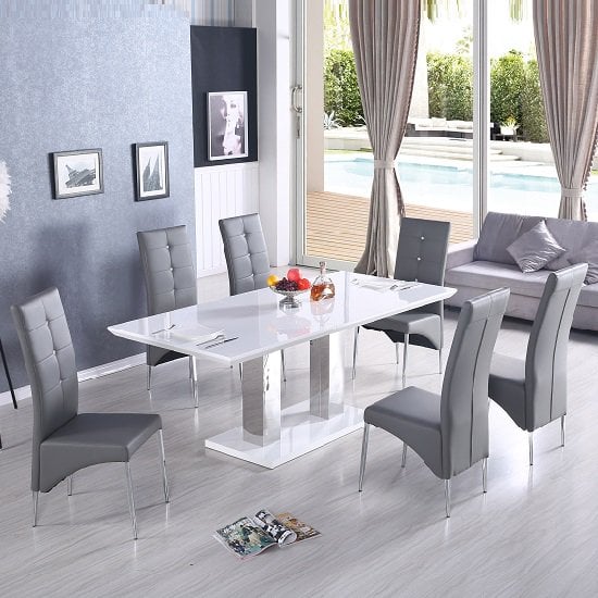 Photo of Monton small extending white dining table 6 vesta grey chairs