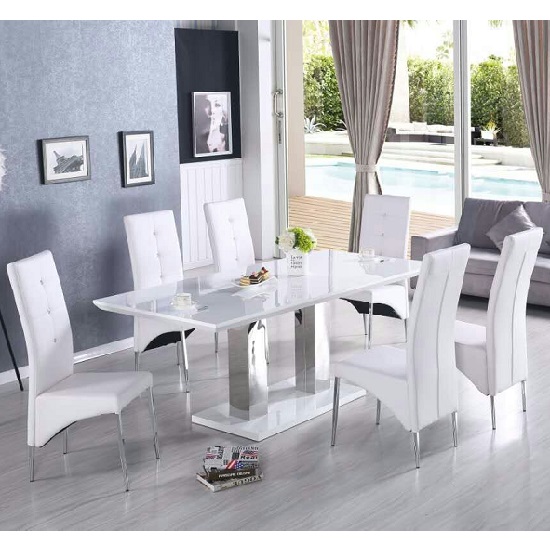 Photo of Monton small extending white dining table 6 vesta white chairs