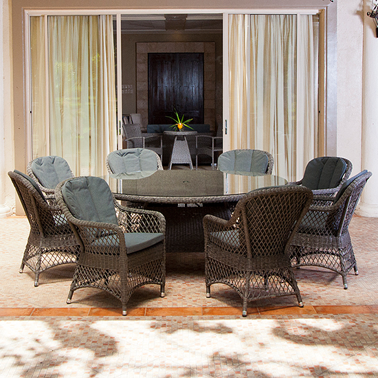 Read more about Monx 1800mm glass dining table with 8 armchair in charcoal grey