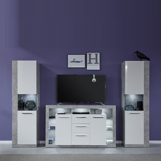 Photo of Monza living room set in grey with gloss white fronts and led