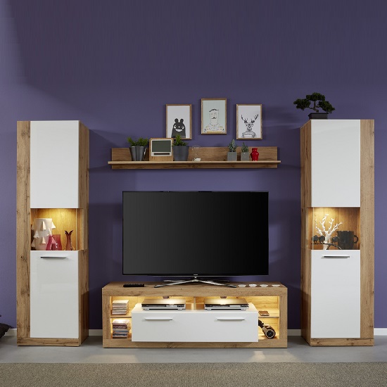 Monza Living Room Set 1 In Wotan Oak Gloss White Fronts LED_2
