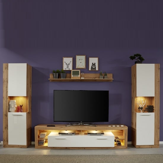 Monza Living Room Set 2 In Wotan Oak Gloss White Fronts LED