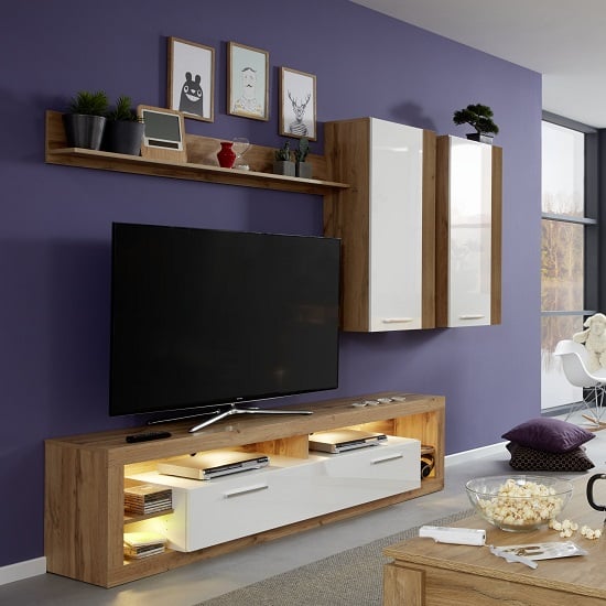 Read more about Monza living room set 3 in wotan oak gloss white fronts led